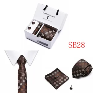 Brown checkered tie pocket square cufflinks gift set for men wedding business suit accessorize