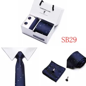 Men's blue polka dot tie set with pocket square and cufflinks in a gift box for weddings.