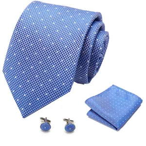 Blauwe gestippelde stropdas set met pochet en manchetknopen voor heren zakelijke mode.