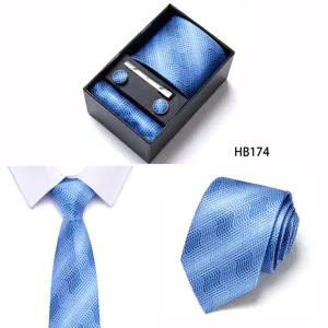 Men's blue wave jacquard business tie set with cufflinks and tie clip for formal wear.