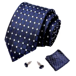 Luxe set van blauwe geometrische stropdas pochette en manchetknopen voor formele heren