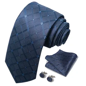 Blauwe jacquard geruite stropdas set met pochet en manchetknopen voor formele herenkleding.