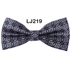 Men's navy blue jacquard bow tie, stylish geometric pattern for business wedding party wear.