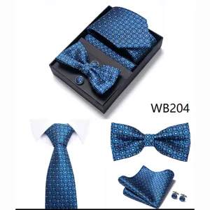 Hombres negocio boda azul corbata floral pajarita pañuelo gemelos de regalo caja