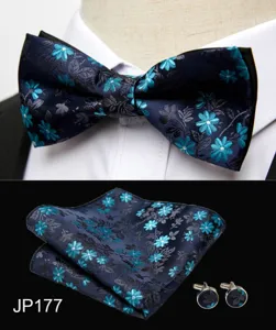 Men's blue floral jacquard bow tie pocket square cufflinks formal wedding suit accessory