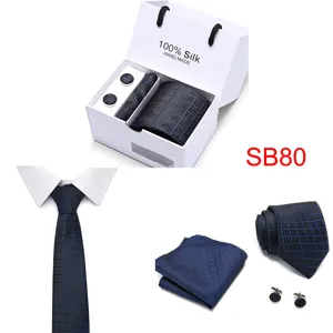 Detailansicht Herren Seide Krawatte Einstecktuch Manschettenknöpfe Geschenkset Business.