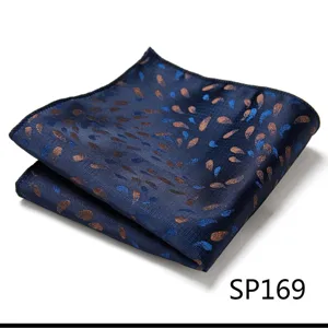 Detailed view of the blue pocket square with brown pattern, elegant men suit accessory.