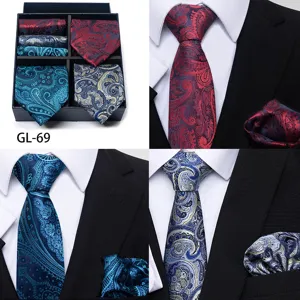 Close-up detail of luxury paisley men silk necktie and pocket square set for formal business wear.
