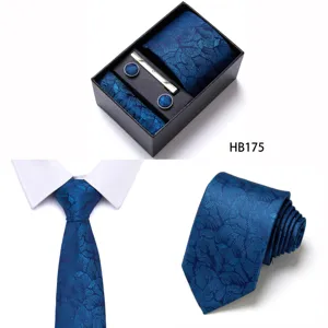 Blue patterned jacquard men's business necktie set detail with gift box, pocket square.