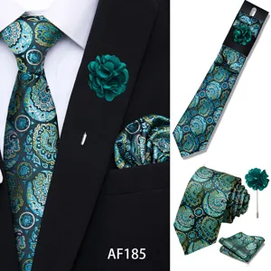 Detailed view of men's paisley jacquard necktie pocket square set for business and wedding.