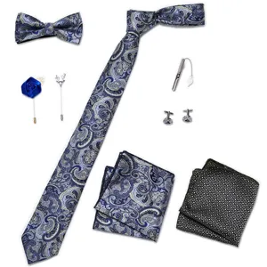 Heren blauwe paisley stropdas set met vlinderdas pochet manchetknoppen pak accessoires