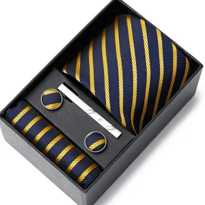 Coffret cadeau cravate homme rayé bleu jaune avec pochette et boutons de manchette.