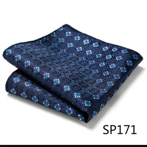 Detailed view of a men's navy blue pocket square featuring elegant jacquard woven floral patterns.