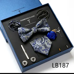 Heren stropdas pochet manchetknopen set blauw bloemen jacquard pak accessoires cadeau doos