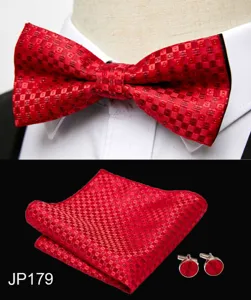 Red jacquard men's bow tie set with pocket square and cufflinks for wedding formal wear.