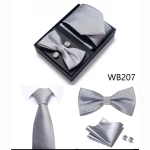 Conjunto de corbata pajarita pañuelo gemelos de cuadros grises para boda hombre.