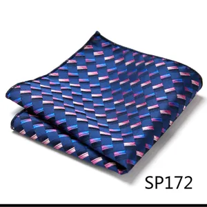 Detailed view of a navy blue men's pocket square featuring a stylish geometric diagonal weave.