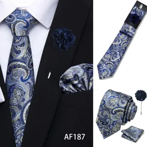 Men's blue paisley necktie set with pocket square and lapel pin for business wedding parties.