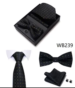 Conjunto de corbata pañuelo gemelos negro para hombre boda negocios elegante.