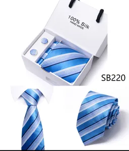 Blauwe zijden stropdas set met geschenkdoos, pochet en manchetknopen voor zakelijke heren.