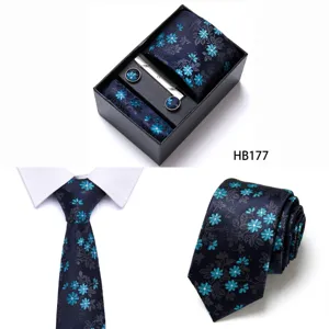 Men's business tie set gift box jacquard blue floral tie pocket square cufflinks tie clip