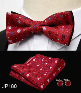 Red floral mens bow tie set with pocket square and cufflinks for wedding business party wear.