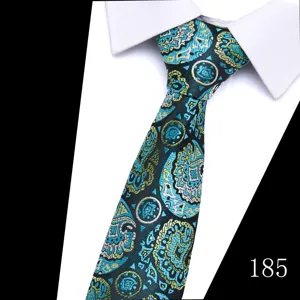 Men's classic jacquard silk tie detail showing intricate blue and green paisley pattern.