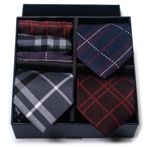 Men Business Formal Plaid Jacquard Necktie Set Wedding Groom Groomsman Professional Work Neck Tie Boxed Gift