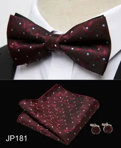 Mens burgundy floral jacquard bow tie pocket square cufflinks set for wedding business