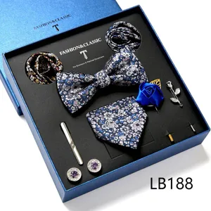 Heren bloemen jacquard vlinderdas pochet manchetknopen cadeau set detail weergave