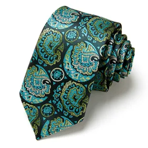Men's woven jacquard necktie featuring a paisley and dot pattern in dark green and turquoise.