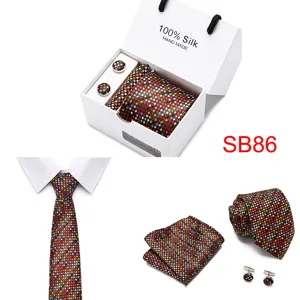 Herren Jacquard Seide Krawatte Einstecktuch Manschettenknöpfe Set Geschenkbox Hochzeit