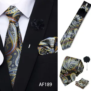 Detailed view of the men's paisley jacquard tie set featuring pocket square and lapel flower.
