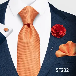 Conjunto de corbata texturizada naranja pañuelo gemelos flor para ropa de negocios hombre.