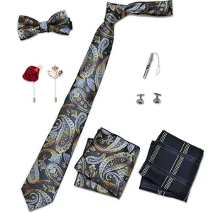 Heren paisley jacquard das vlinderdas pochet manchetknopen set voor huwelijk zakelijk formeel.