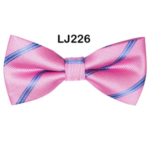 Detailed view of the pink and blue striped bow tie, showing fine fabric texture and neat stitching.