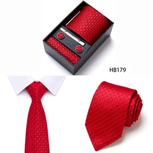Red jacquard men tie set detail view, showing exquisite pattern, fabric texture and accessories.