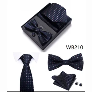 Set de regalo de corbata a cuadros para hombre con pajarita, pañuelo y gemelos de boda.