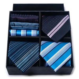 Men's business tie gift set with pocket squares, striped and dotted formal neckwear box.