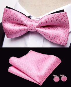 Men pink jacquard bow tie pocket square cufflinks set formal wedding business suit accessories