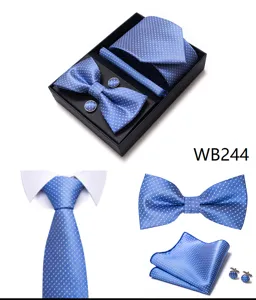 Conjunto de corbata azul con puntos para hombre con pajarita pañuelo y gemelos elegantes.