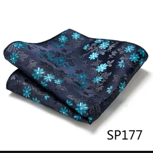 Detailed close-up of a dark blue mens pocket square with elegant floral embroidery for formal wear.