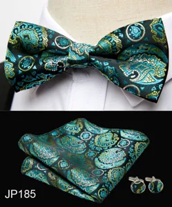 Mens jacquard paisley bow tie pocket square and cufflinks set for formal business wedding.