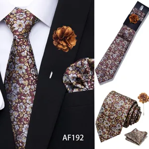 Men floral jacquard tie pocket square brooch set business wedding formal wear accessory