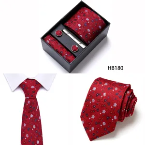 Men's business red floral tie set with pocket square cufflinks and tie clip.