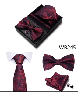 Set de corbata y pajarita con pañuelo y gemelos paisley de hombre vista en detalle
