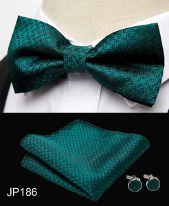 Men's dark green bow tie pocket square cufflinks set wedding business party accessories.