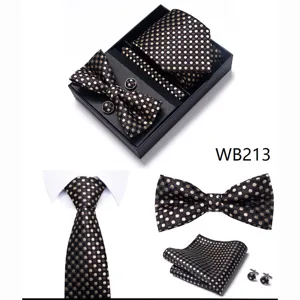 Conjunto de regalo corbata pajarita pañuelo gemelos de lunares para hombre boda.