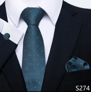 Heren zakelijke bruiloft donkerblauwe jacquard stropdas pochet manchetknopen set