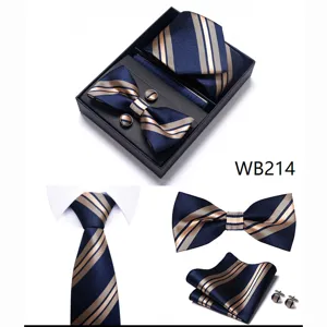 Set de regalo corbata de boda para hombre con corbata a rayas azules y gemelos elegantes.